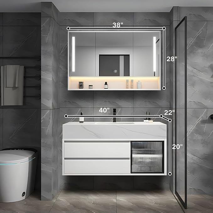 40" Floating Bathroom Vanity,Bathroom Vanity with Sink Set Includes Open LED Smart Defog Mirror Cabinet, Modern Bath Vanity with Drawers,Wall-Mounted Bathroom Vanities,White