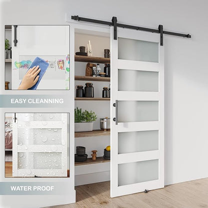 30'' x 84'' Glass Barn Door and 5Ft Hardware Kit Included, White | MDF White Barn Door Slab with Frosted Glass, PVC Surface, Combined with Handle and Floor Guide-Assembly Required