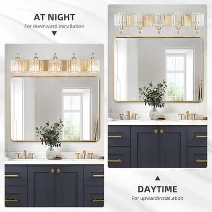5-Light Modern Vanity Lights Brushed Brass Bathroom Light Fixtures Over Mirror Gold Bathroom Vanity Lighting with Crystal Shade E26 Base Wall Sconce for Bedroom Living Room Restroom Wall Lamp