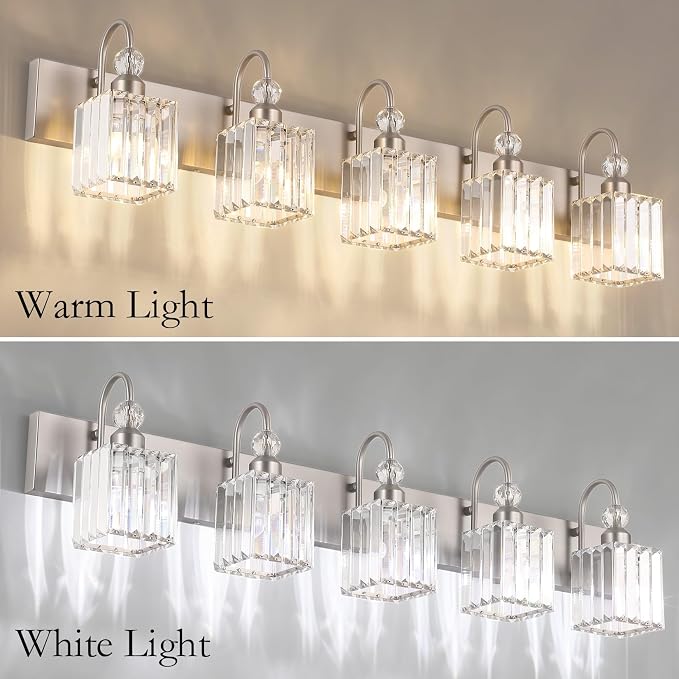 Ralbay Brushed Nickel Bathroom Vanity Light Crystal Modern 5 Light Bathroom Wall Lighting Fixtures Over Mirror