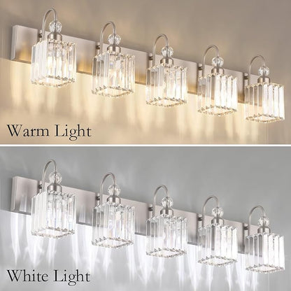 Ralbay Brushed Nickel Bathroom Vanity Light Crystal Modern 5 Light Bathroom Wall Lighting Fixtures Over Mirror