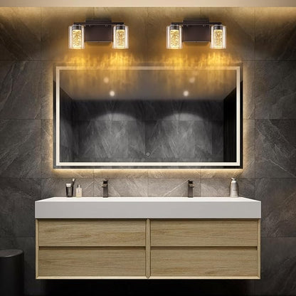 SineRise 2-Light Bronze Vanity Light with 3 Color Modes (3000K/4000K/6000K), Eye Protection LED Bathroom Light Fixture, Dimmable Modern Wall Light Over Mirror with Clear Glass Shade