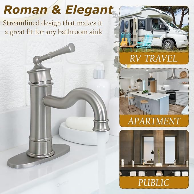 Roman Bathroom Sink Faucet Brushed Nickel Single Hole Deck-Mount Pop-up Drain Assembly with Overflow Deck Plate and Water Supply Lines Included