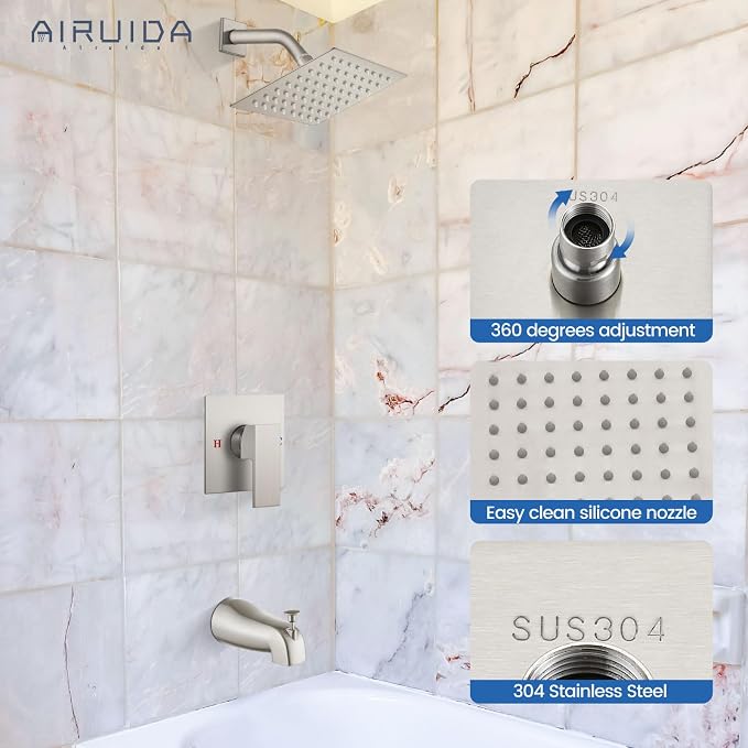 Airuida 6 Inch Shower Faucet Set,Bathtub Faucet Kit,Brushed Nickel | Shower Tub Faucet Set,Male Threads Rough-In Valve,Square Head Shower System