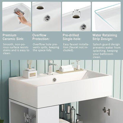 Merax 21.6" Single Sink Bathroom Vanity, Freestanding Bathroom Vanity with Open Shlef, Wood Bathroom Cabinet with Ceramic Basin Sink Top, White