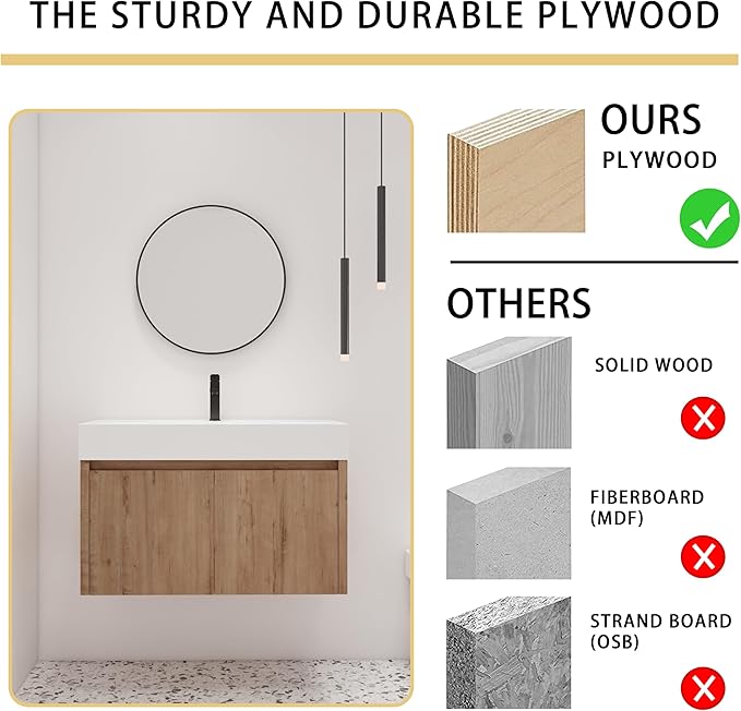 Malwee 36 Inch Floating Bathroom Vanity with Sink, 36'' Single Sink Wall Mounted Bathroom Vanity, with 2 Doors and White Resin Basin Top, Wall Hung Storage Cabinet Set(035-36)