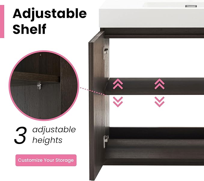 48" Bathroom Vanity with Sink Combo, Mid Century Modern Bathroom Cabinet with Doors & Open Shelf, Glossy White Integrated Sink with Overflow, Dark Grey Oak