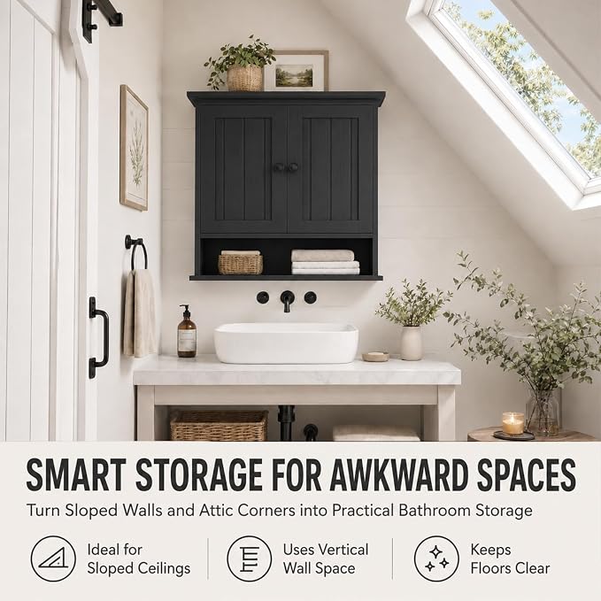 Besiost Farmhouse Bathroom Wall Medicine Cabinet with Removable Towel Bar | Over Toilet Storage Organizer, 7.9" Slim Profile, 100 Lbs Capacity, Adjustable Shelf, Soft Close Hinges Door, Black