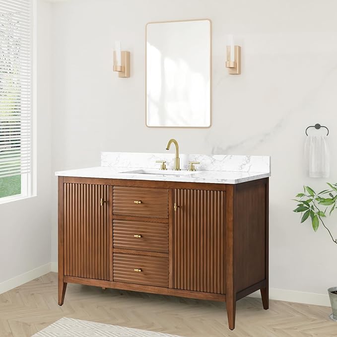 HOMEBEYOND 48" Bathroom Vanity with Sink, Solid Wood Bathroom Vanity Free-Standing Cabinet, Drawers, Ceramic Top & Soft Closing Door, Golden Brushed Handware, Walnut
