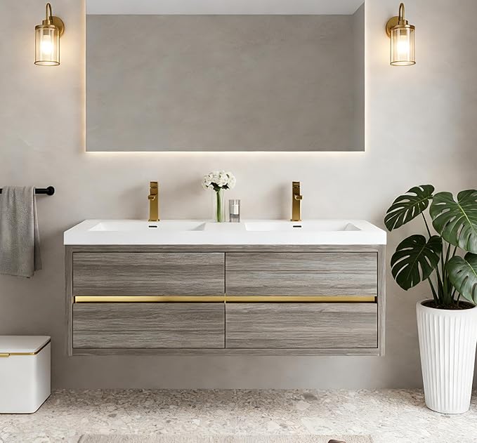 60" Wall-Mounted Bathroom Vanity, Double Sink Floating Cabinet with Stone Resin Countertop & Soft-Close Drawers, Modern Floating Storage Solution,Ash Grey