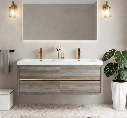60" Wall-Mounted Bathroom Vanity, Double Sink Floating Cabinet with Stone Resin Countertop & Soft-Close Drawers, Modern Floating Storage Solution,Ash Grey