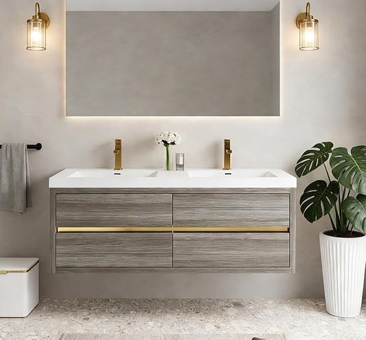 60" Wall-Mounted Bathroom Vanity, Double Sink Floating Cabinet with Stone Resin Countertop & Soft-Close Drawers, Modern Floating Storage Solution,Ash Grey