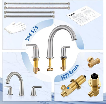 Roman Tub Faucet 3 Hole Deck Mount Tub Filler High Flow Nickel | With Ceramic Valve, Solid Brass, High Arch Bathtub Faucet, 2-Handle Design, Widespread Mount, Garden Bath Tub Faucet