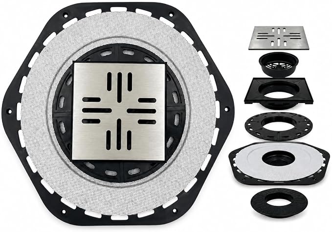 4-Inch Square Shower Drain Kit with Bonding Flange, Brushed Silver | Removable 304 stainless steel grate with hair strainer; fits 2- and 3-inch pipes for tiled shower floors and wet areas