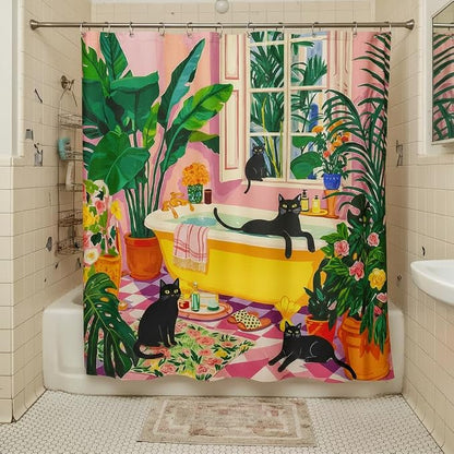Accnicc Boho Cat Shower Curtain Cute Funny Black Cats Matisse Shower Curtains for Bathroom Green Tropical Plants Flowers Pink Yellow Decorative Waterproof Fabric Bath Curtain Decor 72 X 72 Inches