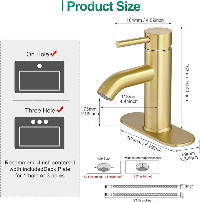 Bathroom Faucet Brushed Gold Modern Bathroom Sink Faucet, Single Handle Faucet for Sink, Vanity, RV, Lavatory, Suitable for 1 or 3 Holes, with Supply Deck Plate and Hose