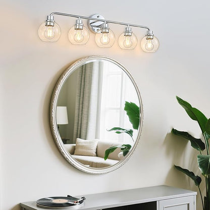 Bathroom Light Fixtures Chrome Vanity Light Silver 5 Light Modern Wall Sconces Lighting Bathroom Lights with Globe Glass Shades Bath Wall Lights for Mirror Kitchen Living Room Hallway 34.5"