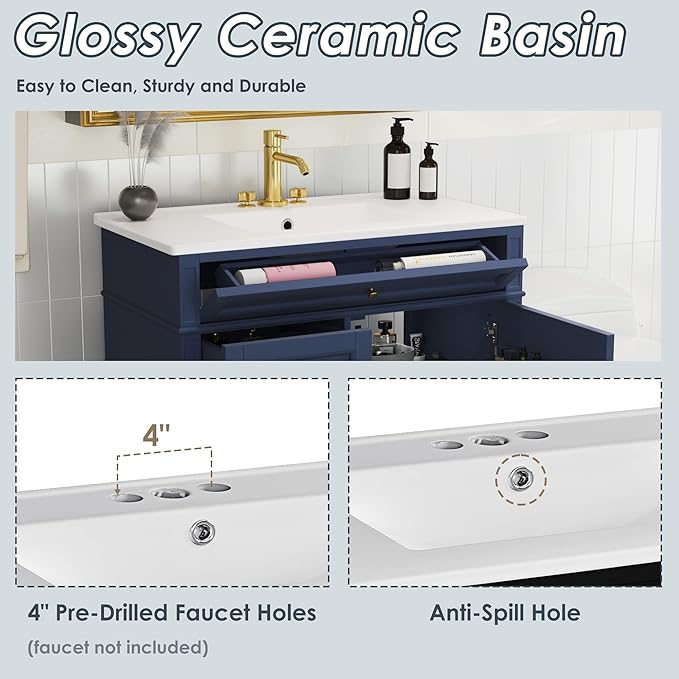 Merax 36 Inch Bathroom Vanity with Top Sink, Modern Bathroom Storage Cabinet with 2 Drawers and a Tip-Out Drawer, Solid Wood Frame Single Sink Bath Vanities, Blue