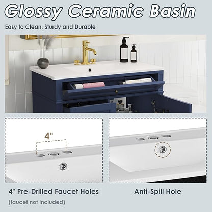 Merax 36 Inch Bathroom Vanity with Top Sink, Modern Bathroom Storage Cabinet with 2 Drawers and a Tip-Out Drawer, Solid Wood Frame Single Sink Bath Vanities, Blue