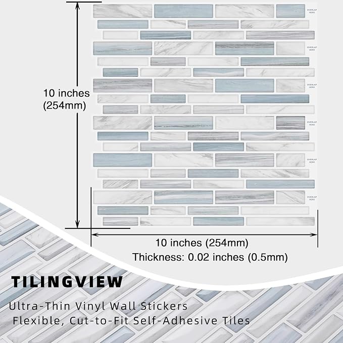 Tilingview 10PCS Peel and Stick Tile for Kitchen Backsplash, Strips Design Self-Adhesive Vinyl Tile, Plastic Wall Sticker (Blue White)