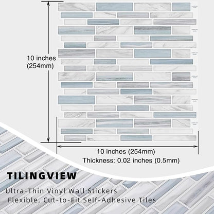 Tilingview 10PCS Peel and Stick Tile for Kitchen Backsplash, Strips Design Self-Adhesive Vinyl Tile, Plastic Wall Sticker (Blue White)