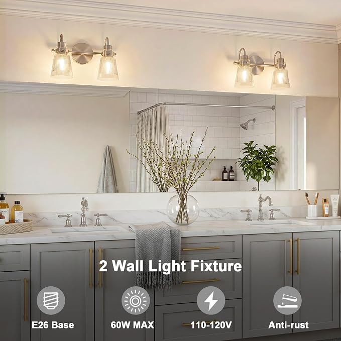 2-Light Brushed Nickel Bathroom Light Fixtures 13.8 Inch Vanity Lights for Bathroom Lighting Fixtures Over Mirror with Clear Striped Glass Shade for Bedroom Hallway Cabinet Porch