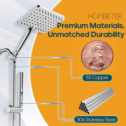 Hombeter High Pressure Rain Shower Head with Handheld Combo, 10 Inch Square Rainfall Showerhead, Adjustable Slide Bar Dual Shower System, 3 Spray Modes, 59" Stainless Steel Hose,Chrome
