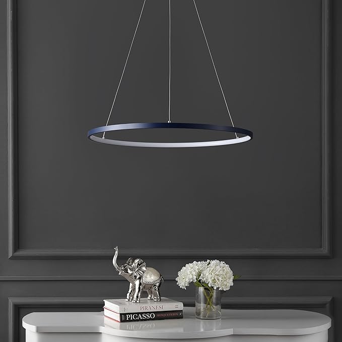 JONATHAN Y 23.75" Navy Modern Integrated LED Pendant Light, Dimmable Round Hoop Chandelier for Kitchen Island, Dining Room, Adjustable Height Metal Hanging Light (JYL7203F)