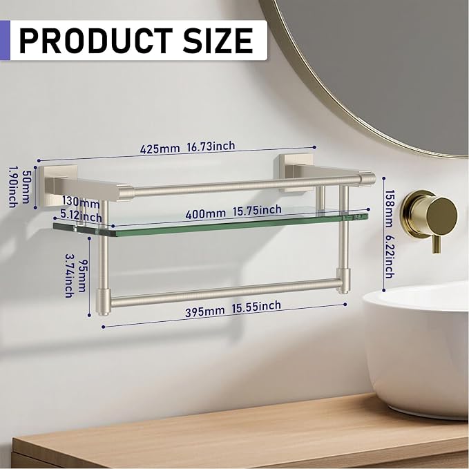 16-Inch Modern Glass Shelf with Towel Bar, 1-Shelf, Brushed Nickel Finish, Wall Mount, Bathroom Organizer