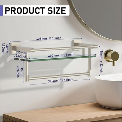 16-Inch Modern Glass Shelf with Towel Bar, 1-Shelf, Brushed Nickel Finish, Wall Mount, Bathroom Organizer