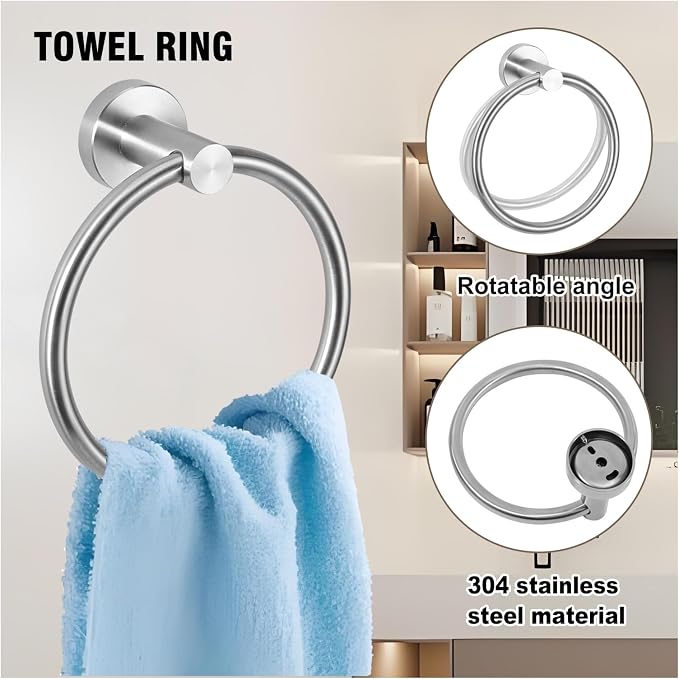 5 Piece Modern Style Wall Mounted Bathroom Hardware Set | #304 Stainless Steel, 24" Towel Bar Mount, Towel Rings, 2 Pillar Toilet Paper Holder, Bathrobe Hook (Brushed Nickel)