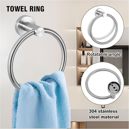 5 Piece Modern Style Wall Mounted Bathroom Hardware Set | #304 Stainless Steel, 24" Towel Bar Mount, Towel Rings, 2 Pillar Toilet Paper Holder, Bathrobe Hook (Brushed Nickel)