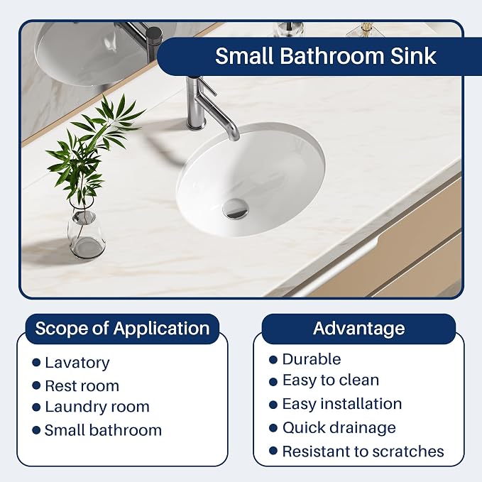 Enbol 13x10 inch Undermount Bathroom Sink - Oval Bathroom Sink White Ceramic Vessel Lavatory Basin with Overflow, Countertop Vanity Sink ECU1310