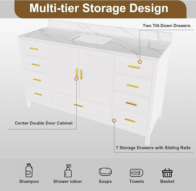 60 Inch Bathroom Vanity with Sink&Countertop,Carrara White Quartz Counter Top with Sink&Backsplash,White Bathroom Cabinet Set with 2 Doors and 9 Drawer(Three Holes)