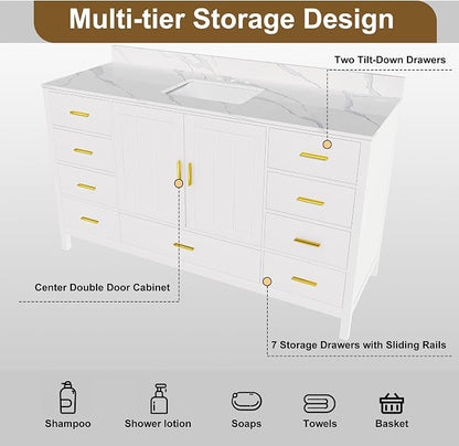 60 Inch Bathroom Vanity with Sink&Countertop,Carrara White Quartz Counter Top with Sink&Backsplash,White Bathroom Cabinet Set with 2 Doors and 9 Drawer(Three Holes)
