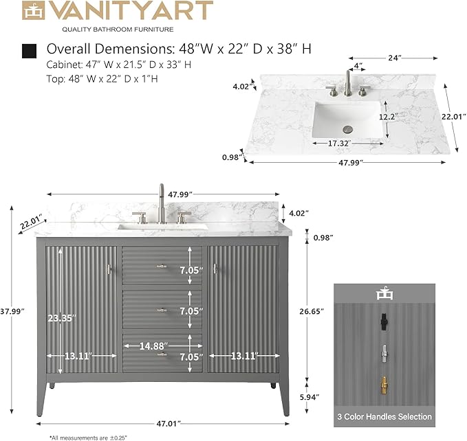 Vanity Art 48 inch Bathroom Vanity with Single Sink & Ceramic Top, Vanity Cabinet with Soft-Closing Door, Solid Wood Frame, Linear Pattern, Cashmere Gray, VA9148-G-MB,Matte Black Handles