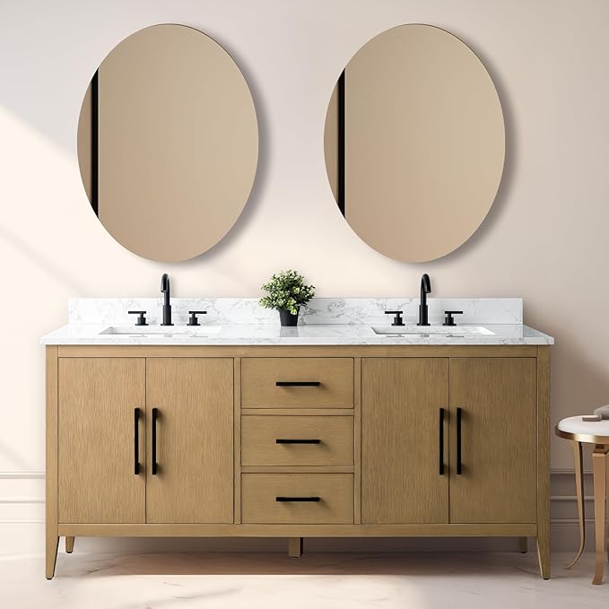 Vanity Art 72 inch Bathroom Vanity with Double Sink & Ceramic Top, Vanity Cabinet with Soft-Closing Doors, Drawers, Solid Wood Frame, Natural Oak, Matte Black Handware