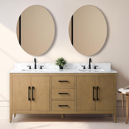 Vanity Art 72 inch Bathroom Vanity with Double Sink & Ceramic Top, Vanity Cabinet with Soft-Closing Doors, Drawers, Solid Wood Frame, Natural Oak, Matte Black Handware