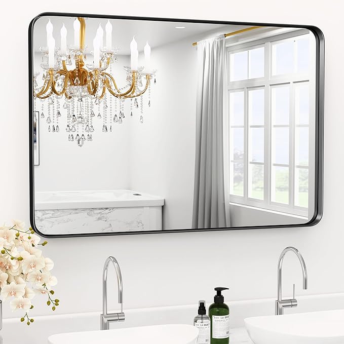 Large Black Bathroom Mirror for Wall 30" x 36" Metal Framed Mirror, Rounded Rectangle Bathroom Mirrors, Tempered Glass, Anti-Rust, Hangs Horizontally or Vertically