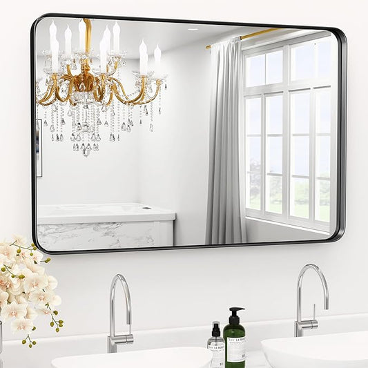 Black Bathroom Mirror for Wall 32" x 36" Metal Framed Mirror, Large Rounded Rectangle Bathroom Mirrors, Black Bathroom Mirrors for Large Spaces,Tempered Glass, Anti-Rust
