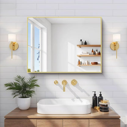 Gold Bathroom Mirror for Wall, 18x24 Inch Rectangle Mirror with Metal Frame, Modern Vanity Mirrors for Bathroom Living Room, Entryway Hangs Horizontal or Vertical
