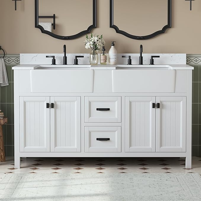 60 Inch Bathroom Vanity with Double Sink, Farmhouse Bathroom Sink Cabinet with Soft Closing Doors & Drawers, Solid Wooden Frame Double Sink Bathroom Vanity, Adjustable Feet, White
