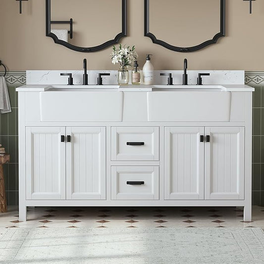 60 Inch Bathroom Vanity with Double Sink, Farmhouse Bathroom Sink Cabinet with Soft Closing Doors & Drawers, Solid Wooden Frame Double Sink Bathroom Vanity, Adjustable Feet, White