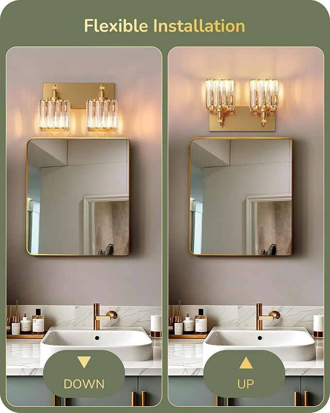 EDISHINE 2-Light Gold Bathroom Vanity Light, E26 Base, Crystal Wall Sconce | Up Down Mounting, Brass Frame, Modern Style Fits Over Bathroom Mirror & Makeup Space