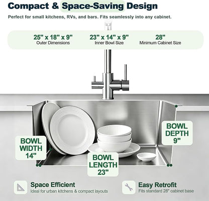 25x18 Inch Kitchen Sink Drop in, 9" Deep Single Bowl, Brushed | Premium T-304 Grade Stainless Steel Sink, , R10 Tight Corner, 2 Pre-Drilled Holes, Topmount Sink with Strainer