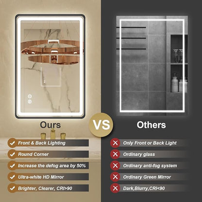 24x32 Inch LED Bathroom Mirror with Lights, Black Framed Bathroom Vanity Mirror with Frontlit & Backlit, Stepless Dimmable, Memory Functions, Anti-Fog, Wall Mounted, 3 Colors