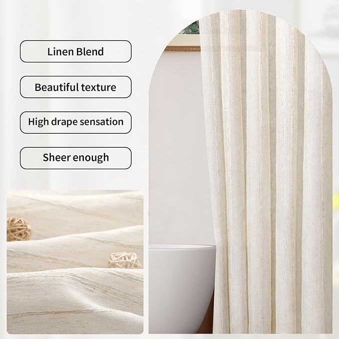 Linen Shower Curtain Cream, Sheer Fabric Boho Farmhouse Shower Curtains for Bathroom Cotton Natural Cloth Liner Set 72" W x 72" L