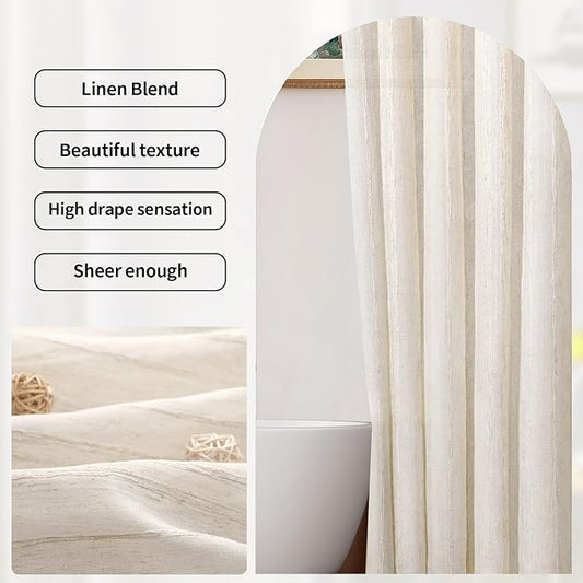 Linen Shower Curtain Cream, Sheer Fabric Boho Farmhouse Shower Curtains for Bathroom Cotton Natural Cloth Liner Set 72" W x 72" L