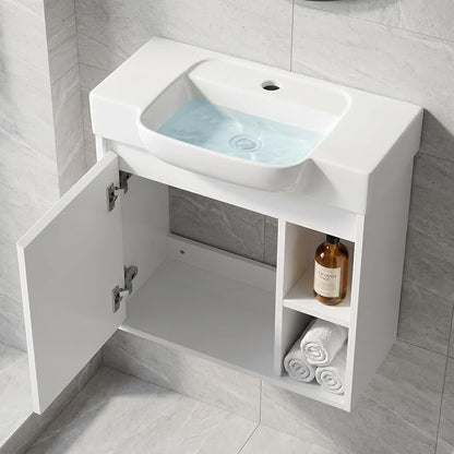 24" Bathroom Vanity with Sink, Wall-Mounted Cabinet, Glossy White | Ceramic Sink, Soft-Close Door & 2 Open Storage Shelves, Modern Farmhouse Sink Cabinet, Easy to Clean for Small Bathroom