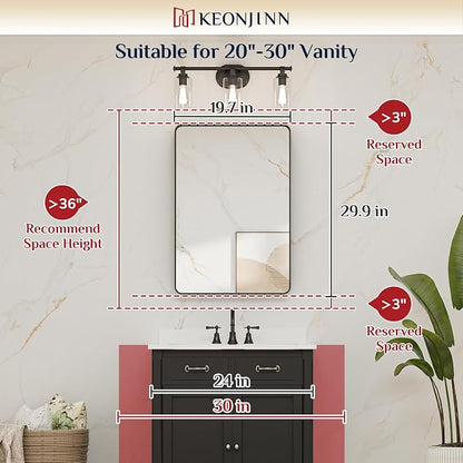 Keonjinn 20 x 30 Inch Gold Bathroom Mirrors for Over Sink, Tempered Glass | Brushed Finish, Brass Vanity Mirror, Anti-Rust Aluminum Frame, Rounded Rectangle, French Cleat Mount, Ideal for Home Décor